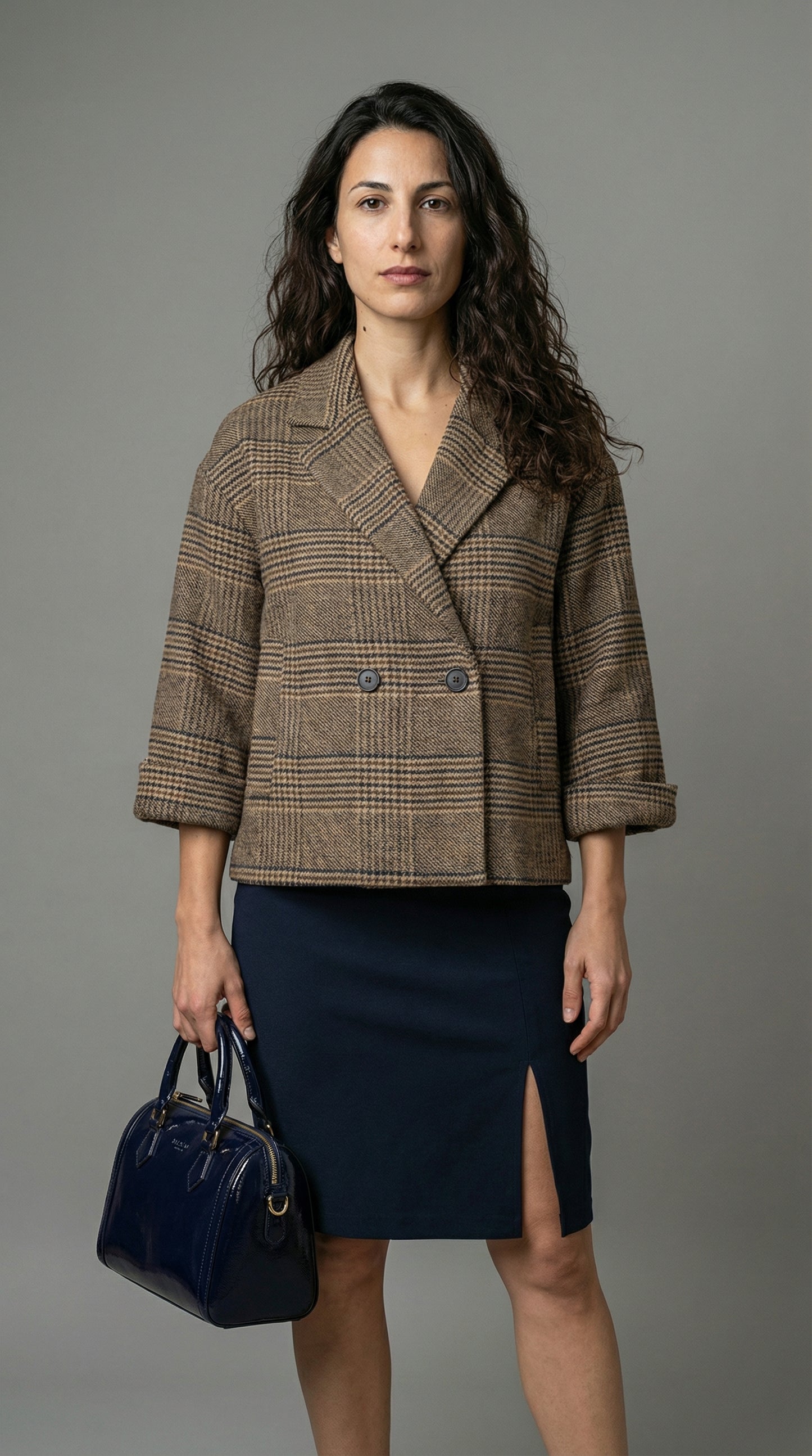 Outfit Sisan: Giacca Doppiopetto Quadri, Gonna e Borsa Vernice Blu