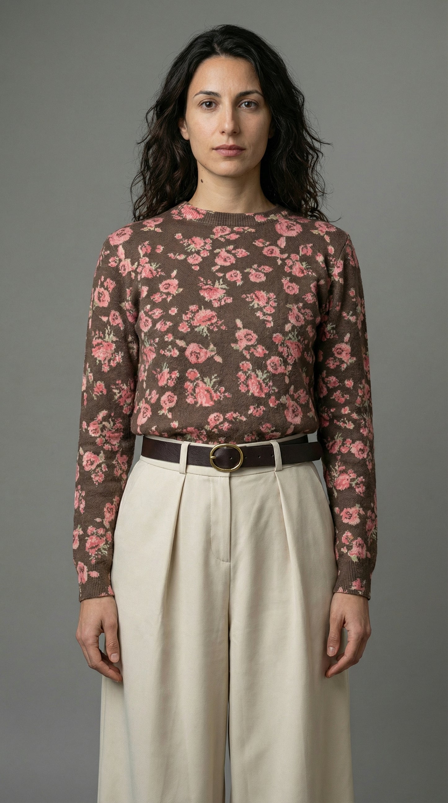 Set Maglia Marrone Fiori e Pantaloni Palazzo Beige con Cintura