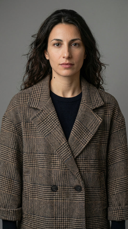 Cappotto Sisan Doppiopetto Donna Fantasia Quadri Beige - Fit Oversize
