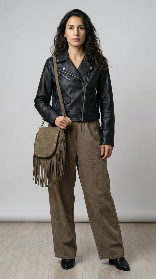 Outfit Urban Chic: Giacca Biker Nera, Pantaloni Velluto & Borsa Boho