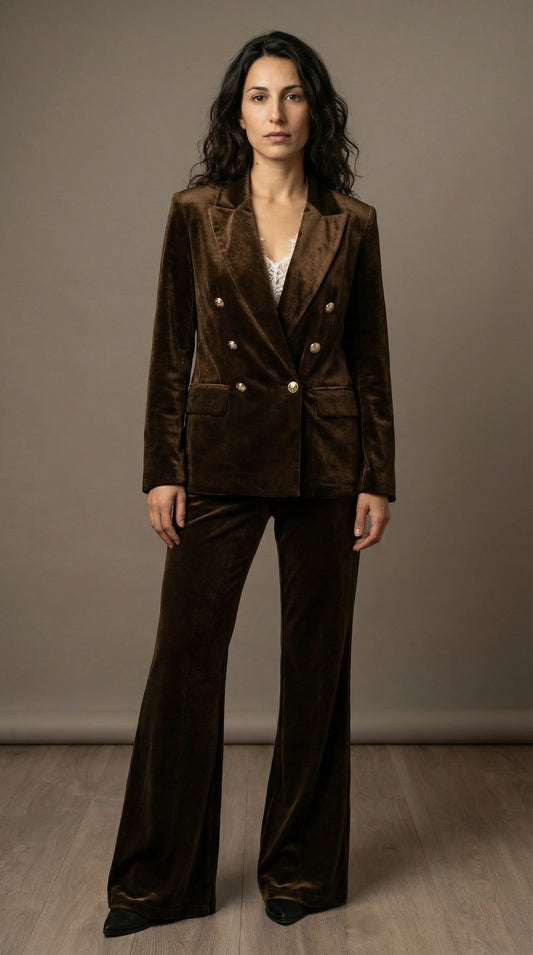 Completo Donna in Velluto Marrone: Giacca e Pantalone Zampa Chic