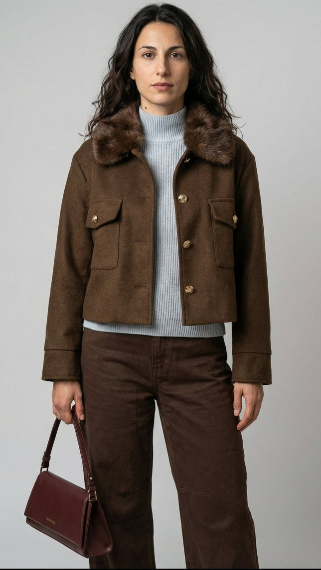 Set Coordinato Giacca Ecopelliccia e Pantaloni Marroni con Maglia