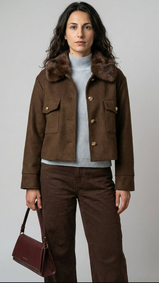 Set Coordinato Giacca Ecopelliccia e Pantaloni Marroni con Maglia