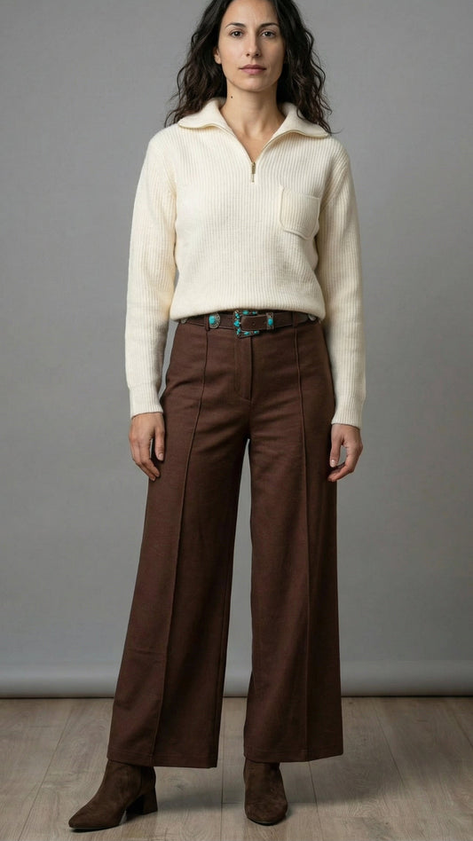 Outfit Inverno Chic: Maglione Zip Panna, Pantaloni Palazzo e Accessori