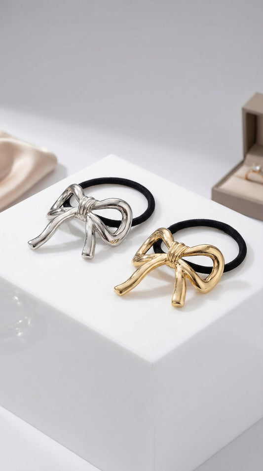 Set 2 Elastici Capelli con Fiocco Scultoreo Oro e Argento Metal Chic