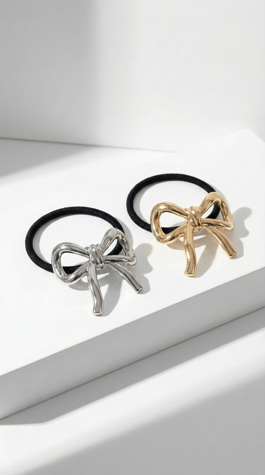 Set 2 Elastici Capelli con Fiocco Scultoreo Oro e Argento Metal Chic