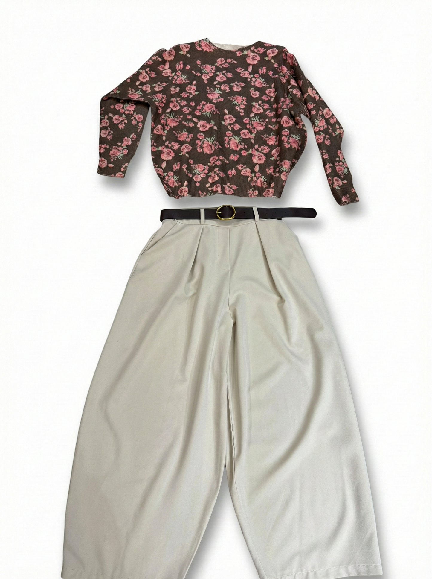 Set Maglia Marrone Fiori e Pantaloni Palazzo Beige con Cintura