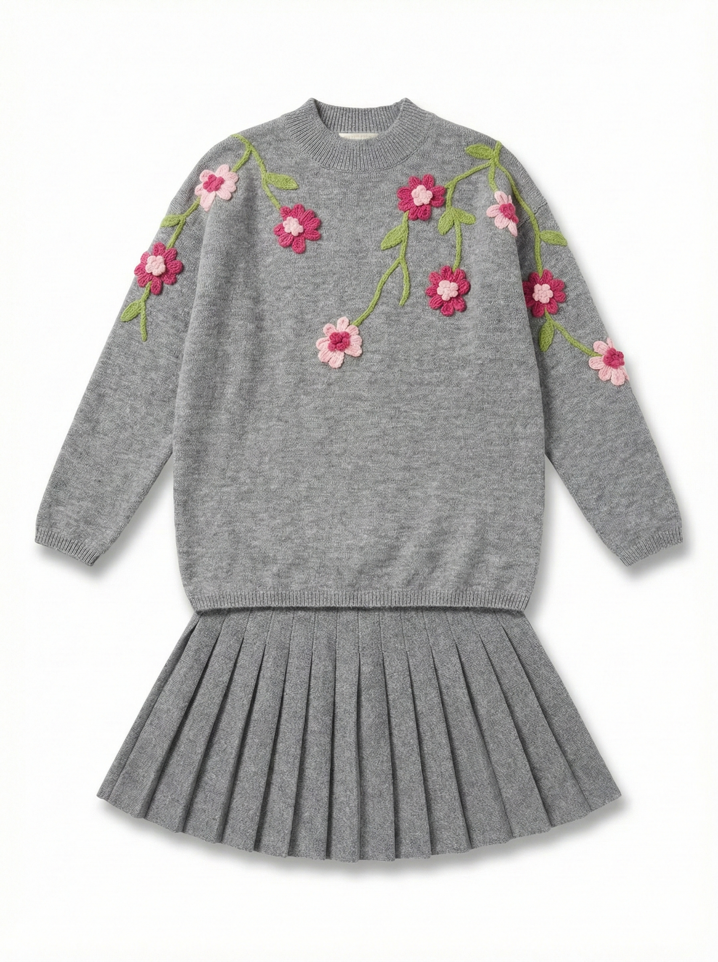 Set Maglione Grigio Ricamo Fiori e Gonna a Pieghe Romantico Chic