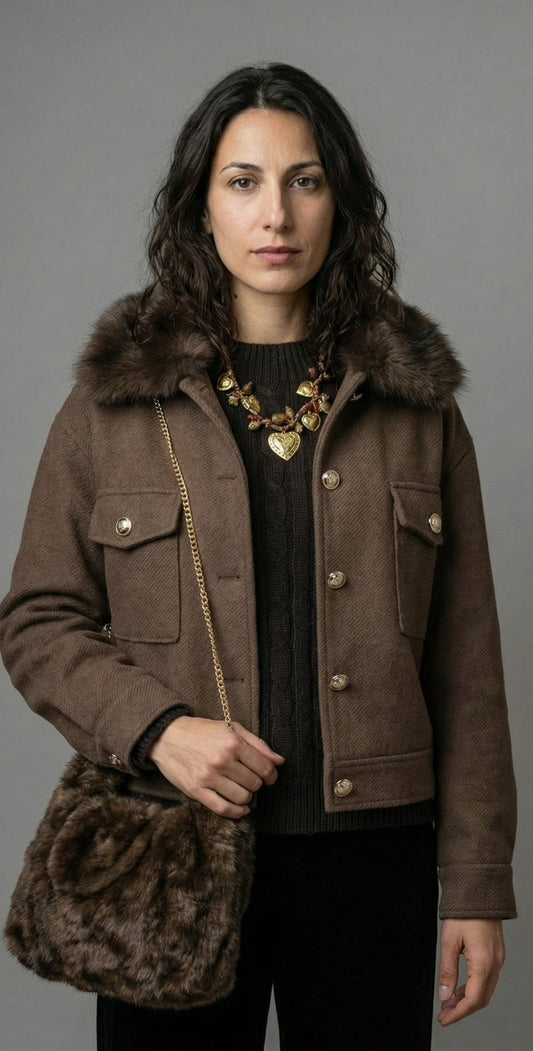 Outfit Invernale Lusso: Maglia Trecce, Giacca Pelliccia, Borsa e Collana Oro