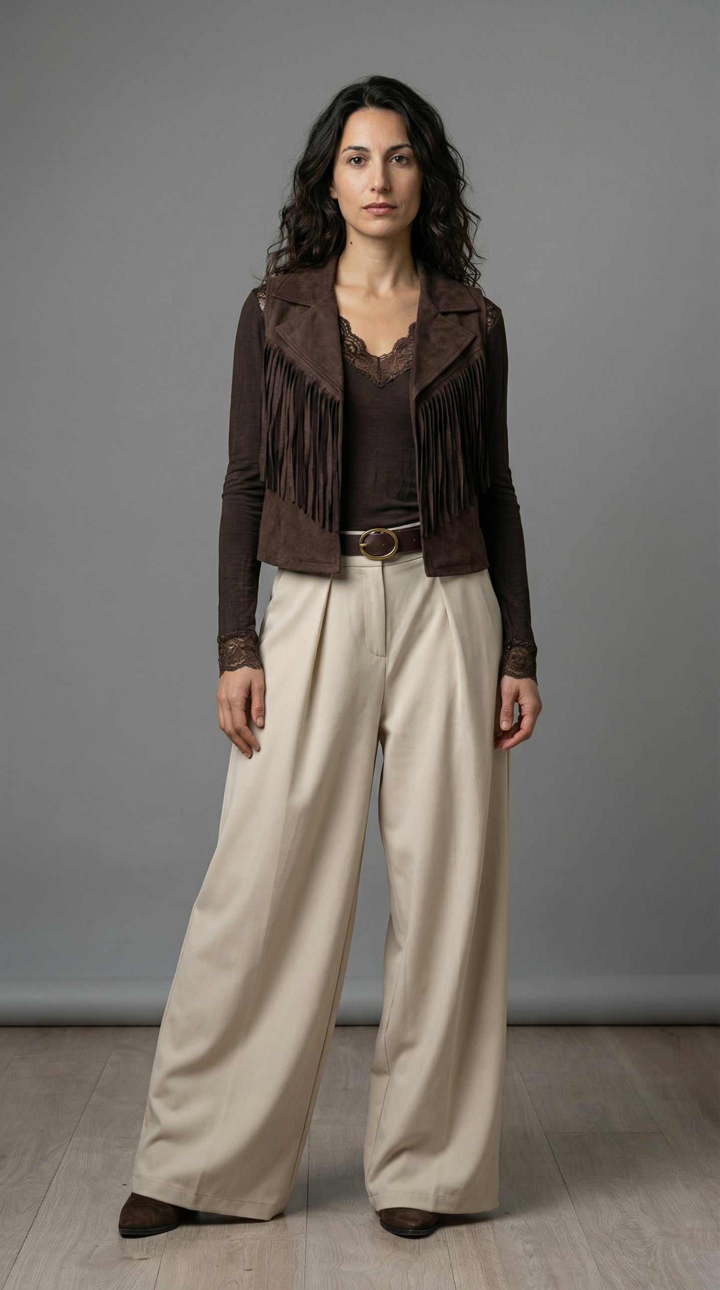 Set Outfit Boho Chic: Gilet Frange Marrone, Top Pizzo e Pantalone Palazzo Beige