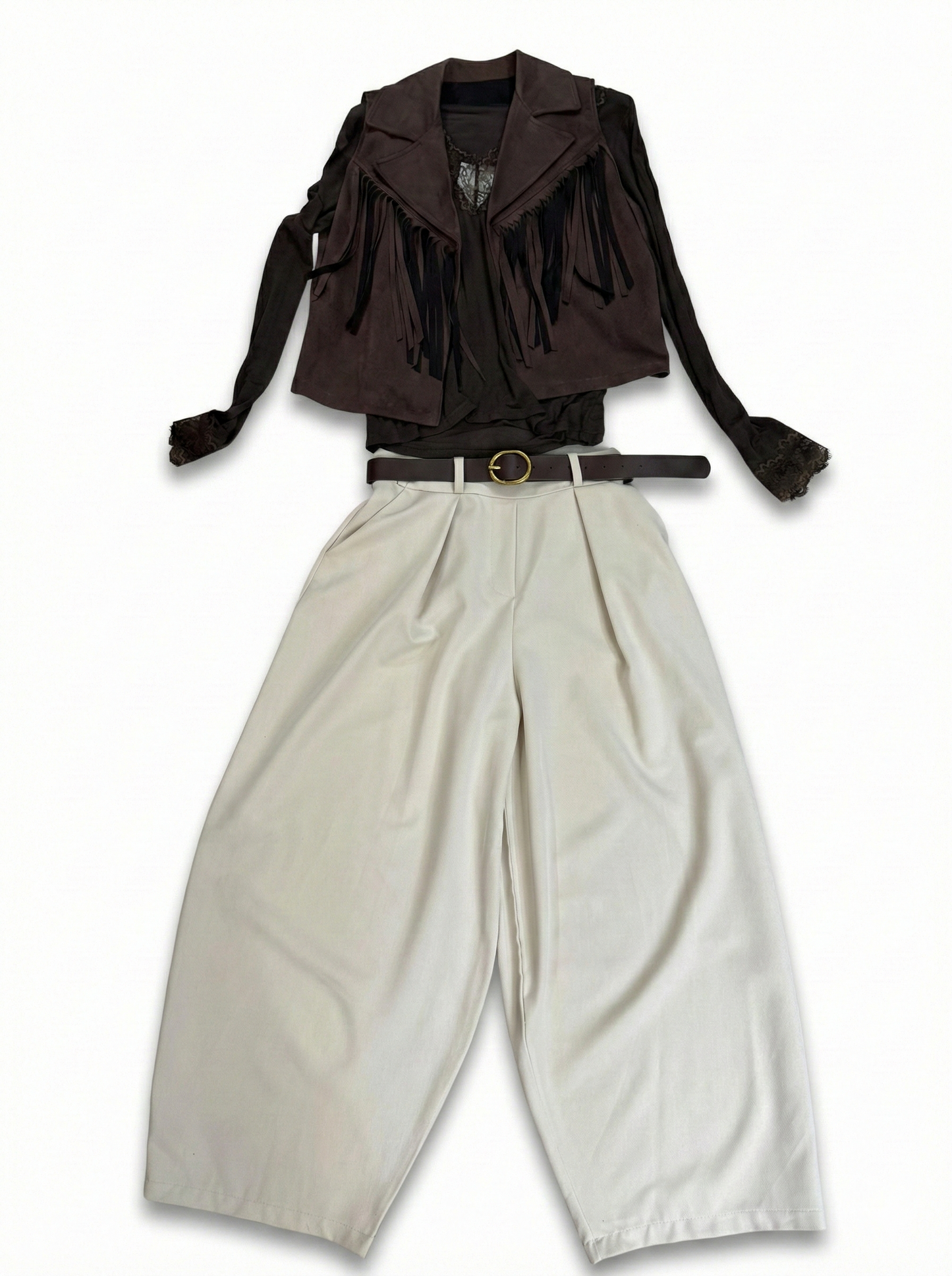 Set Outfit Boho Chic: Gilet Frange Marrone, Top Pizzo e Pantalone Palazzo Beige