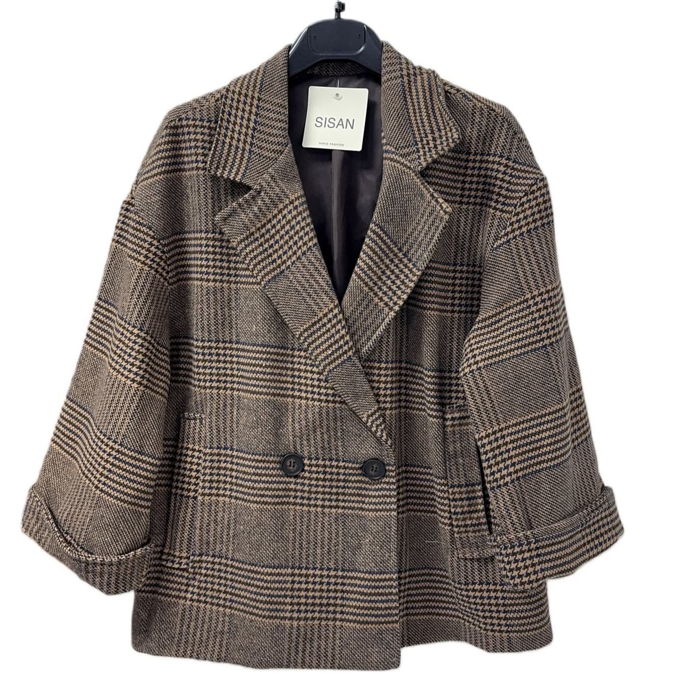 Cappotto Sisan Doppiopetto Donna Fantasia Quadri Beige - Fit Oversize