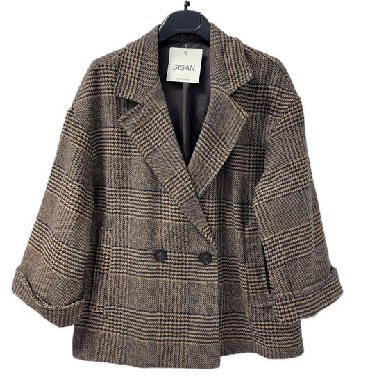 Cappotto Sisan Doppiopetto Donna Fantasia Quadri Beige - Fit Oversize